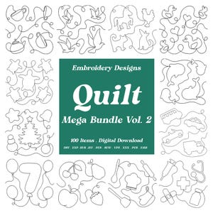 Könnte beinhalten: Ein Set mit 100 Stickmustern für Quilten, mit einer Vielzahl von niedlichen und fantasievollen Designs. Die Designs sind in Schwarzweiß gehalten und perfekt, um Ihren Quiltprojekten eine persönliche Note zu verleihen. Die Designs umfassen Tiere, Pflanzen, Lebensmittel und andere Alltagsgegenstände. Der Text auf dem Bild lautet "Embroidery Designs Quilt Mega Bundle Vol. 2 100 Items. Digital Download DST EXP HUS JEF PES SEW VPS XXX PCS EMB".
