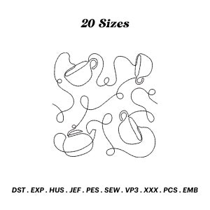 May include: A line drawing of a teapot and three cups, with the text "20 Sizes" at the top. The image is in black and white.