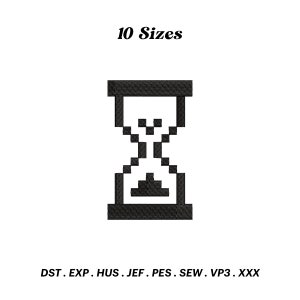 May include: Black and white pixelated hourglass design. 10 Sizes. DST, EXP, HUS, JEF, PES, SEW, VP3, XXX.