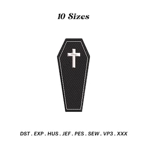 Puede incluir: Diseño de bordado en blanco y negro de un ataúd con una cruz en la parte superior. El diseño está disponible en 10 tamaños. DST, EXP, HUS, JEF, PES, SEW, VP3, XXX.