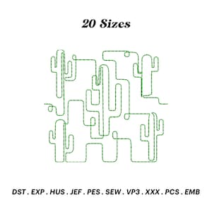 May include: A digital embroidery design of a cactus pattern with the text "20 Sizes" at the top. The design is available in the following formats: DST, EXP, HUS, JEF, PES, SEW, VP3, XXX, PCS, EMB.