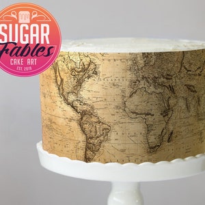 Mapa do mundo vintage, imagem comestível de mapa antigo, embrulho de bolo, folha de glacê! Decorações de bolo de viagem.