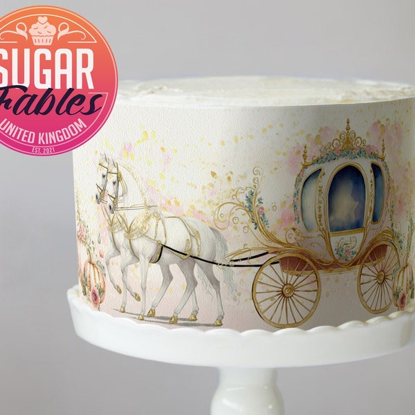 Image comestible du cheval et du chariot de Cendrillon, emballage de gâteau, décoration de fête de princesse.