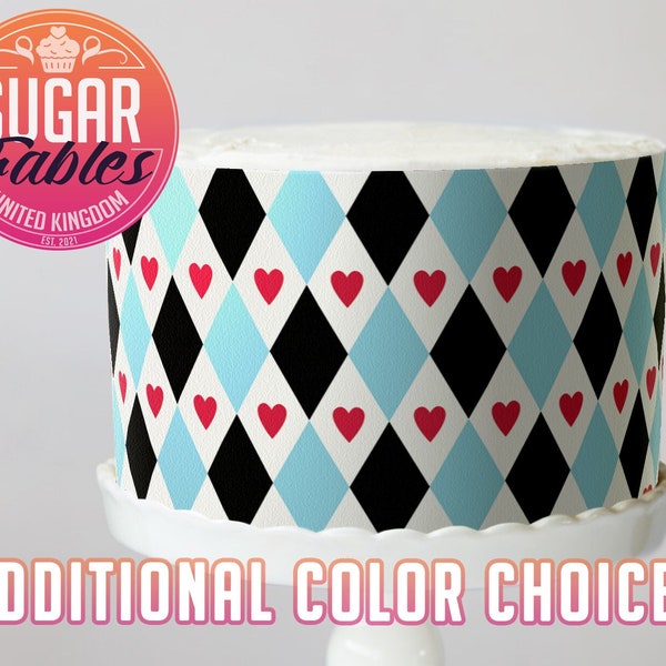 Alice in Wonderland Icing sheet cake wrap, pink and blue checkered edible print.