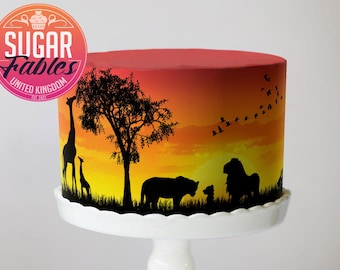 Emballage de gâteau au coucher du soleil Africa Safari, image comestible. Décoration de fête et de gâteau sur le thème du lion.