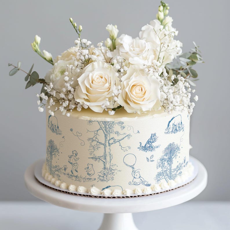 Classic Pooh Bear Toile Cake Wrap Chinoiserie Edible Image Winnie, Piglet & Friends Jouy Print Frosting Sheets Baby Shower Decorations image 2