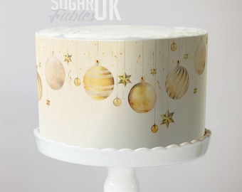 Golden Christmas Ornaments Cake Wrap, Elegant Holiday Edible Images, Stars & Baubles Frosting Sheet Wedding Decoration