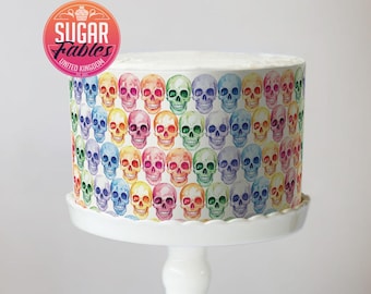 Rainbow Skulls Pattern Cake Wrap, Edible Image, Pastel Halloween Icing Sheet, Hippie Halloween!