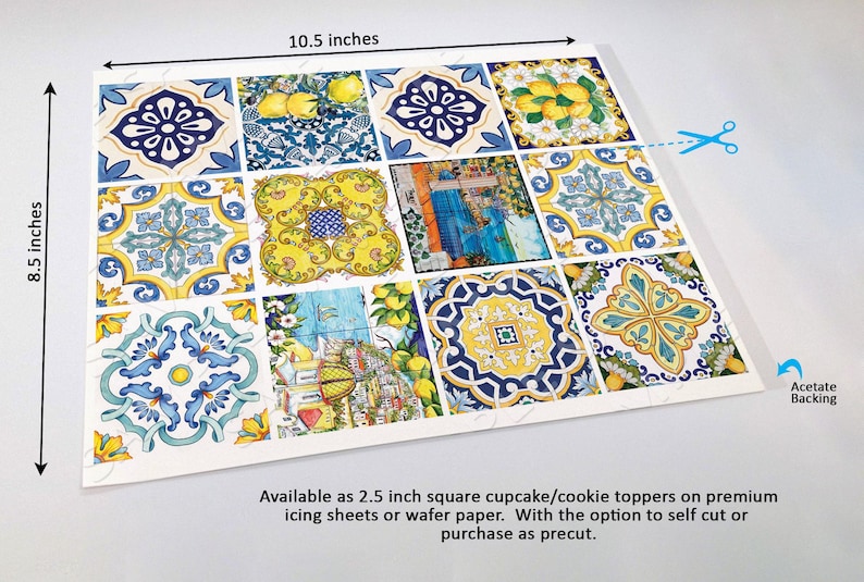 Mediterranean Tile Toppers Italian Ceramic Edible Images Positano Lemon Blue Cookies Amalfi Coastal Wedding Favors image 4