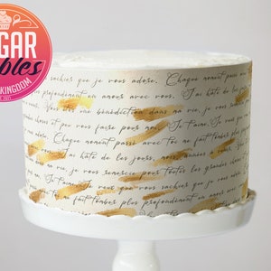 Carta de amor francesa Hoja de glaseado de escritura manuscrita, envoltura comestible de pastel de purpurina! con o sin la pincelada.