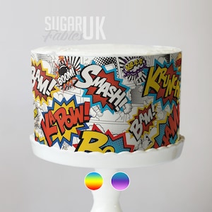Superhero Comic Book Cake Wrap Pop Art Edible Images Action Words Frosting Sheet Bam Pow Wham Birthday Party Hero Theme Retro Cartoon Topper