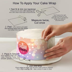 The image is a step-by-step guide on how to apply a cake wrap to a cake, with a person's hands demonstrating the process.