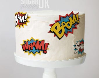 Superhero Cake Stickers Pop Art Edible Images Iconic Comic Phrases Frosting Bam Pow Wham Birthday Party Retro Super Hero Cupcake & Cookies