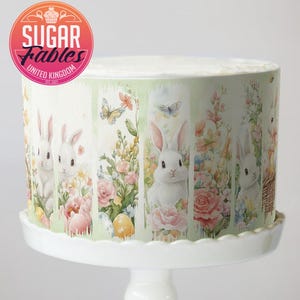 Easter Bunny Floral Cake Wrap Botanical Pastel Edible Image Spring Egg Hunt Cake Strips Rustic Garden Party Decor Vintage Whimsical Rabbit