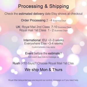 text that provides information about processing and shipping services, including estimated delivery dates, order processing times, and international shipping options.