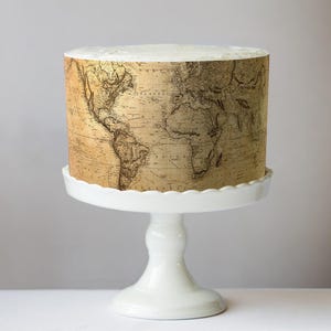 Antique World Map Design Edible Cake Wrap - Vintage Travel Theme; Frosting Sheet for Destination Weddings or Adventure Awaits Celebrations Antique