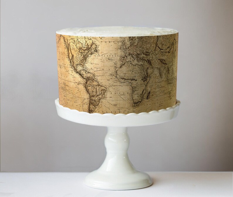 Antique World Map Design Edible Cake Wrap - Vintage Travel Theme; Frosting Sheet for Destination Weddings or Adventure Awaits Celebrations Antique