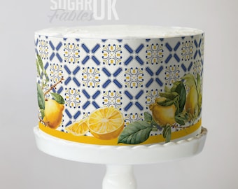 Torta al limone italiana con motivo a piastrelle, immagine commestibile di limone, tema mediterraneo al limone, matrimonio, festa estiva, addio al nubilato, decorazione per torta agli agrumi