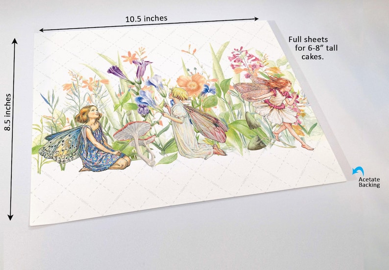 The image is a watercolor painting depicting three fairy characters surrounded by flowers and plants.