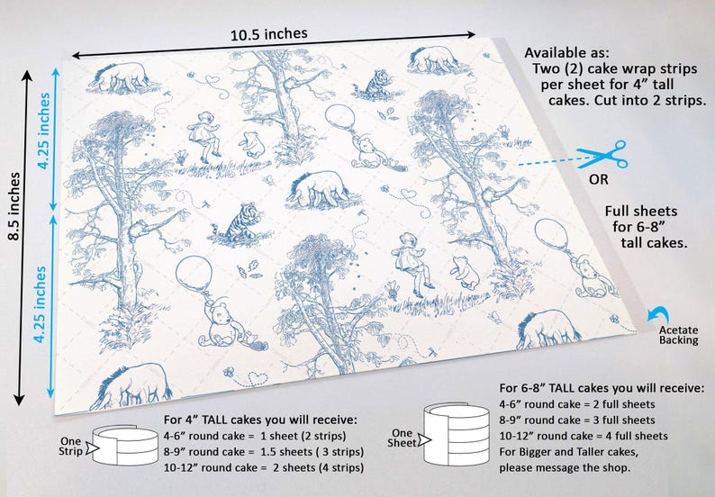 Classic Pooh Bear Toile Cake Wrap Chinoiserie Edible Image Winnie, Piglet & Friends Jouy Print Frosting Sheets Baby Shower Decorations image 4