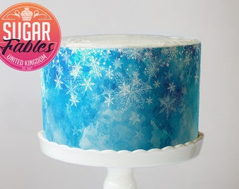 Image comestible de flocons de neige congelés avec des paillettes comestibles, un emballage de gâteau inspiré de la Reine des neiges !