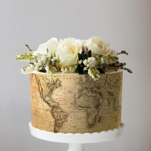 Antique World Map Design Edible Cake Wrap - Vintage Travel Theme; Frosting Sheet for Destination Weddings or Adventure Awaits Celebrations image 2