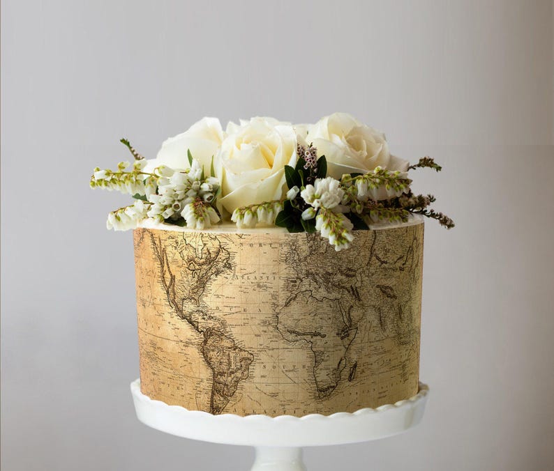 Antique World Map Design Edible Cake Wrap - Vintage Travel Theme; Frosting Sheet for Destination Weddings or Adventure Awaits Celebrations image 2