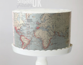 Vintage World Map Cake Wrap An Adventure Awaits Edible Image Destination Wedding Frosting Sheet Retro Travel AtlasTheme Baby Shower Party.