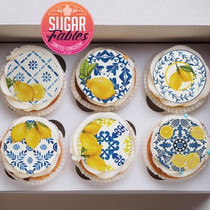 Toppers per cupcake e biscotti con piastrelle blu e limone! Immagini commestibili, fogli di glassa, carta da ostia. Toppers di Santorini mediterranei in diverse misure.