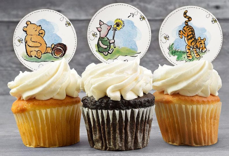 Winnie the Pooh Cupcake Toppers Pooh Bear Edible Image Classic Pooh Cookie Decorations Vintage Bear Birthday Party Winnie Baby Shower image 3