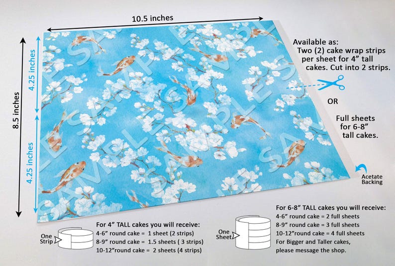 Cherry Blossoms and Koi Cake Wrap, Delicate Sakura Floral Edible Image, Zen Garden Tea Party Frosting Sheet, Luxury Baby & Bridal Showers image 4
