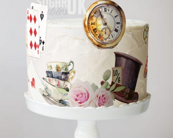 Alice in Wonderland Cake Sticker Mad Hatter Garden Tea Party Edible Image Vintage Onderland  Baby & Briday Shower Frosting Sheet