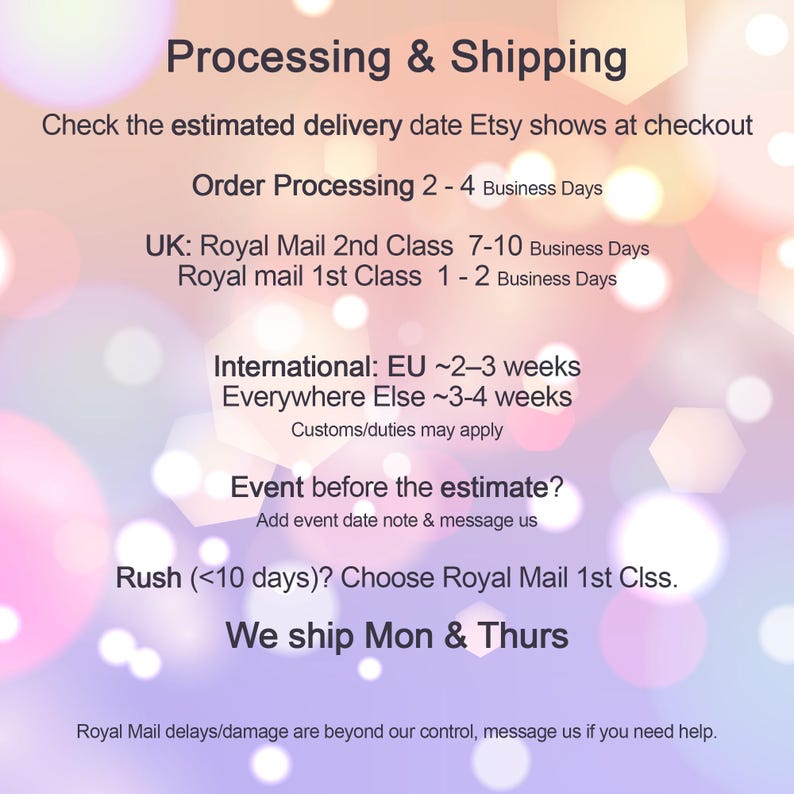 text that provides information about processing and shipping services, including estimated delivery dates, order processing times, and international shipping options.