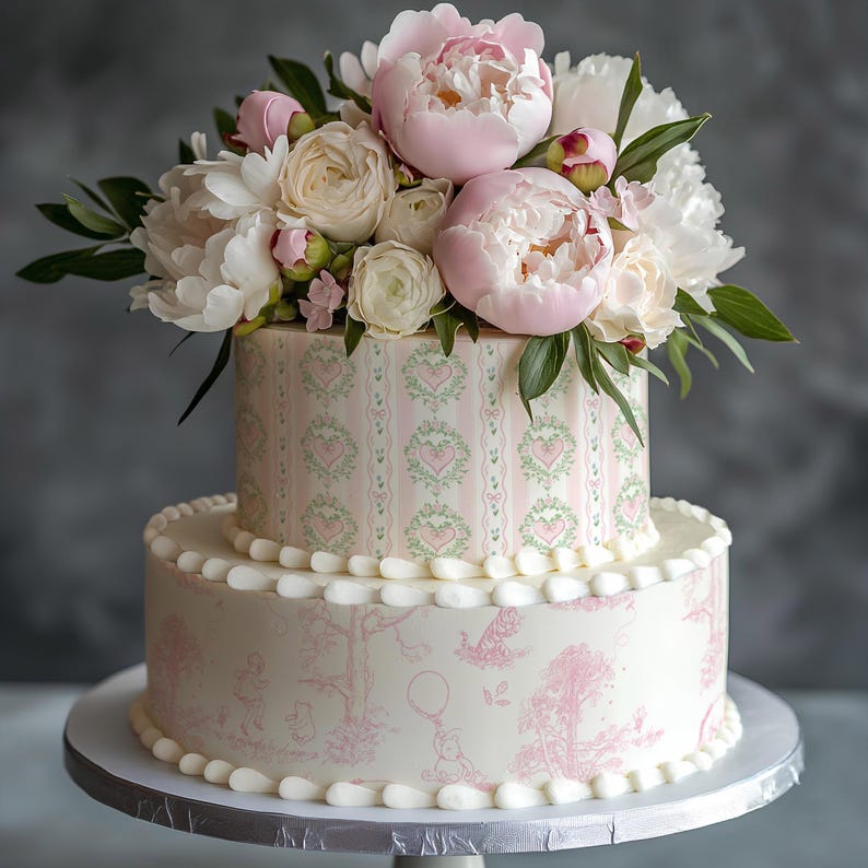 Classic Pooh Bear Toile Cake Wrap Chinoiserie Edible Image Winnie, Piglet & Friends Jouy Print Frosting Sheets Baby Shower Decorations image 7