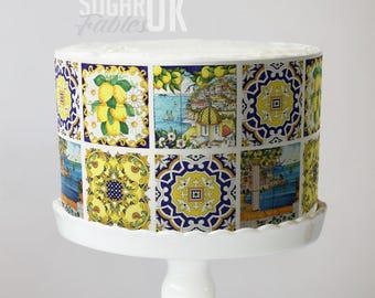 Piastrelle italiane per torte, immagine commestibile della Costiera Amalfitana, fogli di glassa in ceramica blu e gialla, limone, mediterraneo, per matrimoni e baby shower