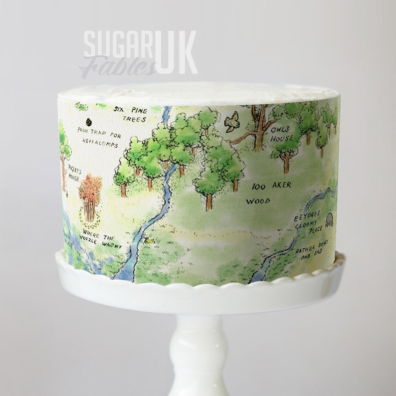 a cake decorated with a Winnie the Pooh-themed map, including illustrations of various landmarks and locations from the classic story.