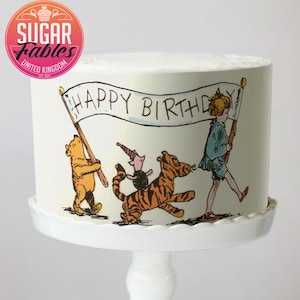 Envoltório de bolo de feliz aniversário do Ursinho Pooh Faixa de feliz aniversário Imagem comestível Tiras de bolo do Leitão Tigrão e Pooh Decoração para festa do Ursinho Pooh Chá de bebê