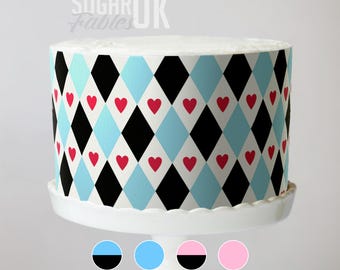 Alice in Wonderland Cake Wrap:  Mad Hatter Tea Party Edible Image, Queen of Hearts Decor, Onderland Birthday Pink & Blue Harlequin Pattern