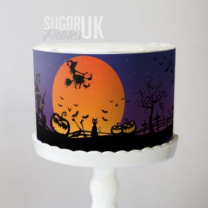 Torta di luna di Halloween, sagoma di strega carina, immagine commestibile, zucca, pipistrello, foglio di glassa per la notte del raccolto, cimitero infestato per feste spettrali