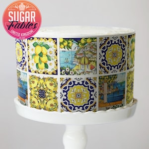 Italian Tiles Cake Wrap Italian Amalfi Coast Edible Image  Blue & Yellow Ceramic Cake Strips Lemon Mediterranean Tiles For Weddings, Showers
