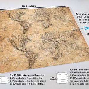 Antique World Map Design Edible Cake Wrap - Vintage Travel Theme; Frosting Sheet for Destination Weddings or Adventure Awaits Celebrations image 4