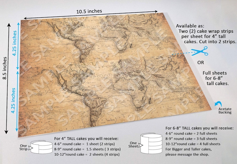 Antique World Map Design Edible Cake Wrap - Vintage Travel Theme; Frosting Sheet for Destination Weddings or Adventure Awaits Celebrations image 4
