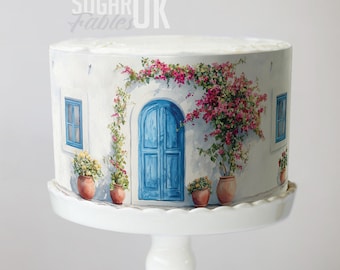 Torta di Santorini Villa Wrap, matrimonio mediterraneo, immagini commestibili, glassa della regina danzante, decorazioni in piastrelle dell'isola greca, dolce diciassette anni di compleanno
