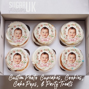 Eetbare toppers op maat: eerste verjaardag feeënkoekjes, roze strik aquarel sprookjesfoto cupcake toppers