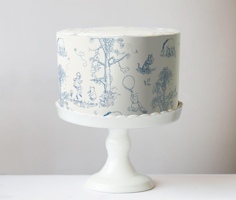 Classic Pooh Bear Toile Cake Wrap Chinoiserie Edible Image Winnie, Piglet & Friends Jouy Print Frosting Sheets Baby Shower Decorations image 6