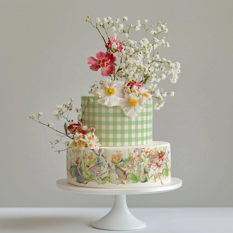 A two-tiered cake decorated with white flowers and greenery, placed on a white cake stand.