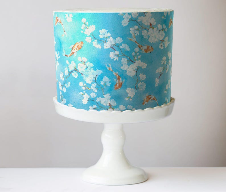 Cherry Blossoms and Koi Cake Wrap, Delicate Sakura Floral Edible Image, Zen Garden Tea Party Frosting Sheet, Luxury Baby & Bridal Showers image 6