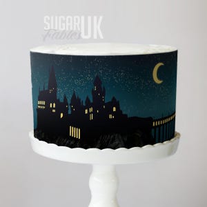 Magisk skola slott tårtpapper trollkarlakademin ätbar bild mystisk stjärnklar natt frosting ark trollkarlstornet födelsedagsdekorationer