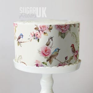 Rozen en vogels taart wrap, romantische vintage bloemen eetbare afbeelding, botanische bruids en babyshower glazuur, lente bloemen bruiloft