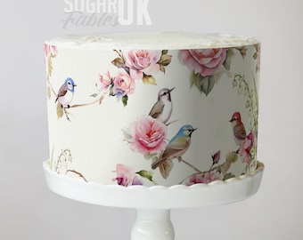 Roses and Birds Cake Wrap, Romantic Vintage Floral Edible Image, Botanical Bridal & Baby Shower Frosting Sheet, Springtime Flowers Wedding